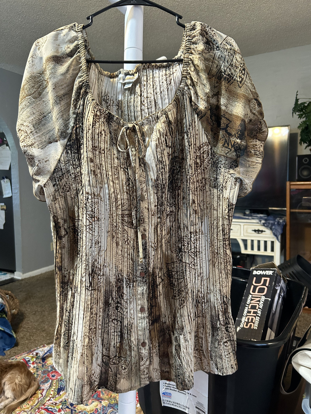 dressbarn Woman 2X Brown Patterned Puff Sleeve Blouse